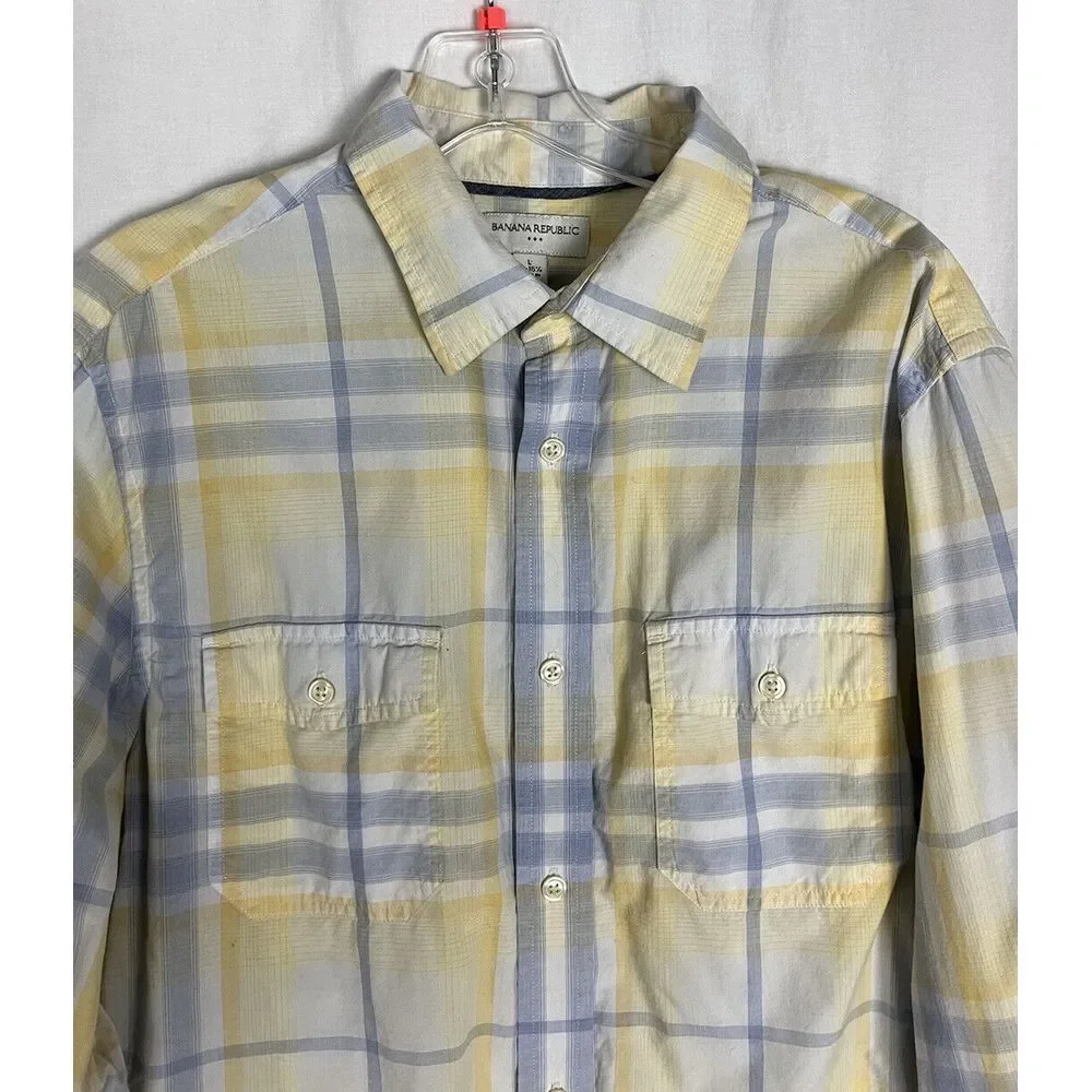 Banana Republic Button Up Shirt Mens L (16- 16 1/2) Roll Tab Sleeve Cotton Plaid
